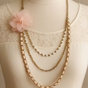 Vintage Blush Floral Chain Necklace Faux Pearls | Romantic Statement Piece  17in